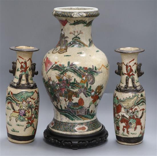 A large 19th century Japanese vase and a pair of smaller crackleware vases tallest 43cm (incl. stand)